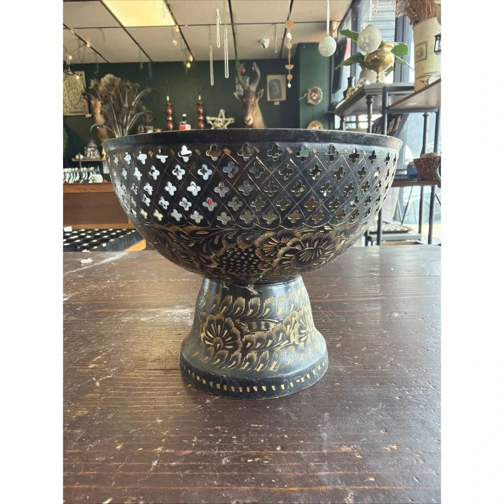 Vintage Brass Pierced Pedestal Fruit Compote Bowl 5 1/2